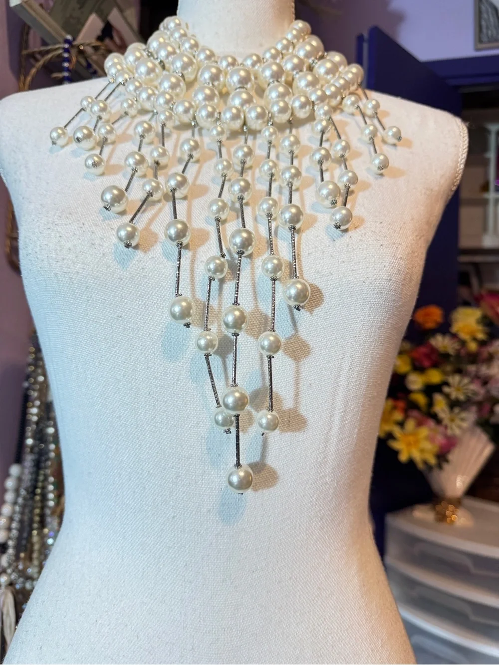 Elegant Pearl Fringe Statement Necklace - White Pearls